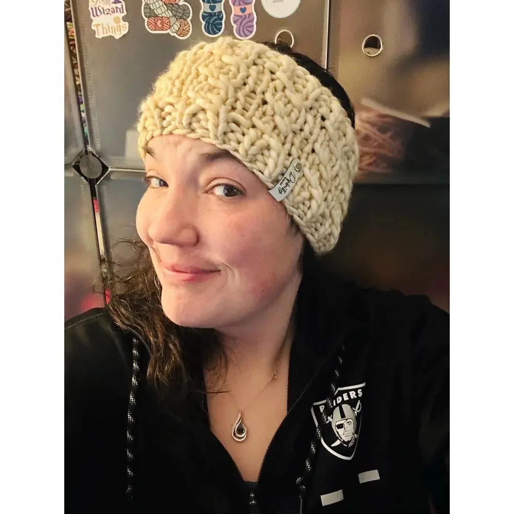 Hand Knit Merino Wool Headband - Lean On Me Design - Ivory Merino Wool